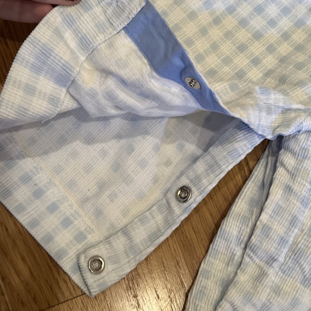 Vintage Boys Overall 18 Months Blue Plaid Corduroy Boy Bike Embroidered Longall - Picture 4 of 9